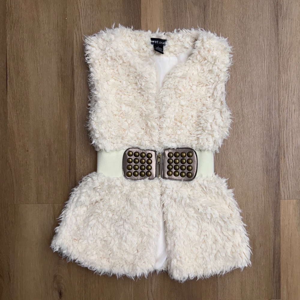 Y2k Wet Seal Cream Faux Fur Belted Vest Studded Buckle Boho Indie Sleaze S